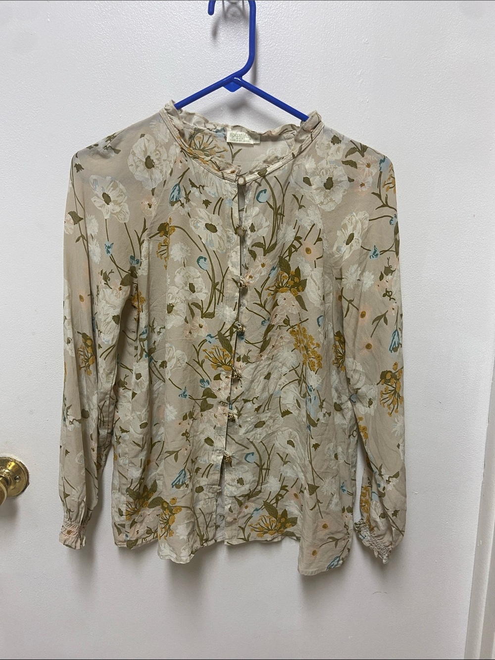 Spartina 449 Cream Floral Ruffle-Neck Button Blouse